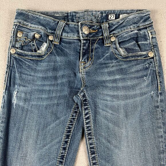 Miss Me Sunny Skinny Jeans Women’s 27x29 Blue Denim Low Rise Distressed - Picture 2 of 16